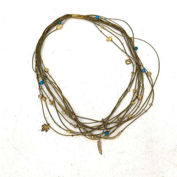 Vintage Jewelry - Vintage Multi Strand Charm Necklace Gold Tone Turquoise Beads Boho Layered